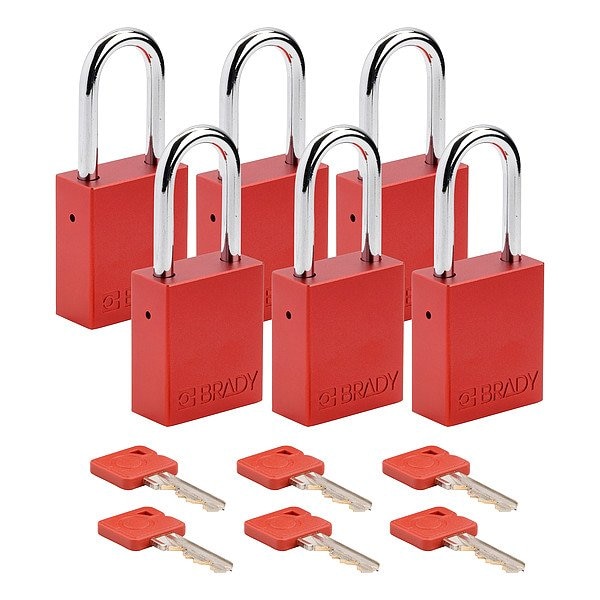 Brady Padlock, Keyed Different, Aluminum, Red, 1 1/2 in Shackle Height, 1 1/2 in Body Width, 6 PK SDAL-RED-38ST-KD6 - main