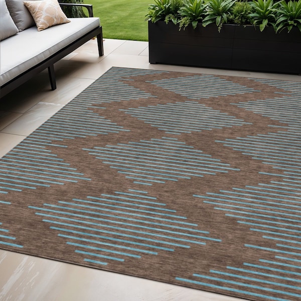 Homeroots 5' X 8' Brown And Aqua Geometric Washable Indoor Outdoor Area Rug 598729 - main