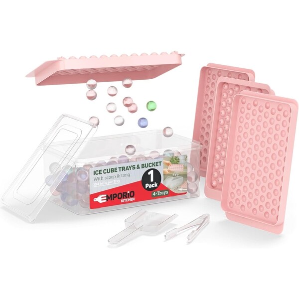 Emporio Kitchen Round Ice Cube Tray Pack of 1 with Lid & Tongs, 104 BPA-Free Ice Balls, Quick Release, Pink EMPICES41PK.7 - main