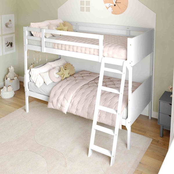 Flash Furniture Dallas Bunk Bed Twin Over Twin, Convertible Slatted Solid Wood Bunk Bed Frame w/Ladder, White MG-0900-31-TTB-WH-GG - main