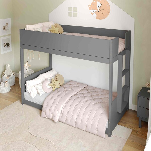 Flash Furniture Dallas Bunk Bed Twin Over Twin, Convertible Solid Wood Bunk Bed Frame w/Ladder, Gray MG-0900-30-TTB-GY-GG - main