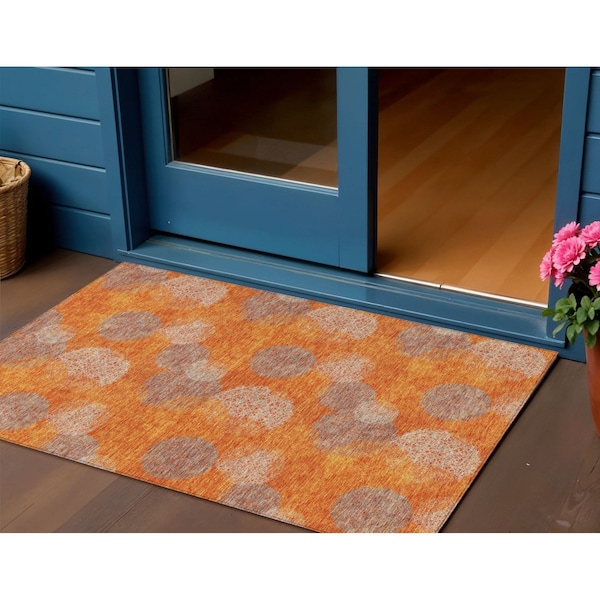Homeroots 3' X 5' Orange Silver And Peach Polka Dot Washable Indoor Outdoor Area Rug 614683 - main
