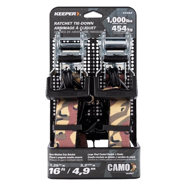 Keeper Ratchet Tie-Down with Open Handle, 1-1/4 in W, 16 ft L, Camo, 1000 lb Working Load, J-Hook End 47322 - main