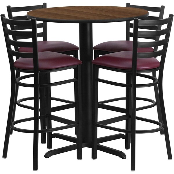 Flash Furniture Round Walnut Bar Table, X-Base w/Burg Seats, 30", Laminate Top, Wood Grain HDBF1028-GG - main