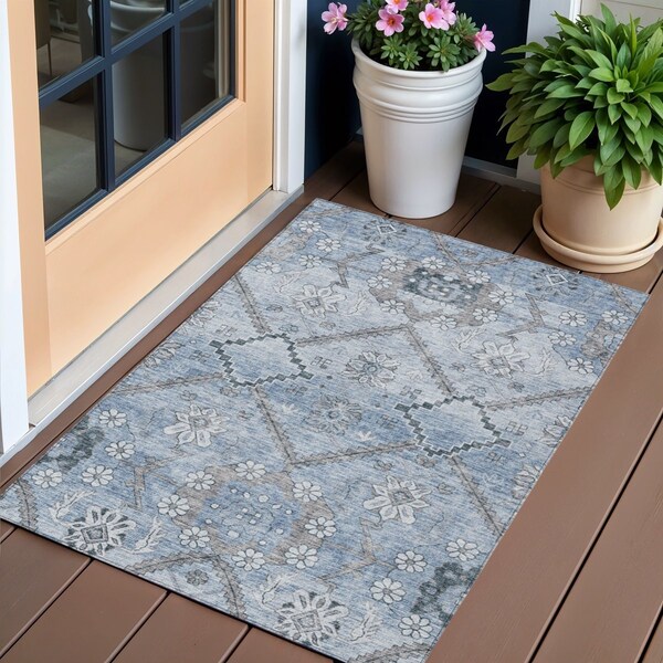 Homeroots 3' X 5' Sky Blue And Denim Blue Floral Washable Indoor Outdoor Area Rug 588864 - main