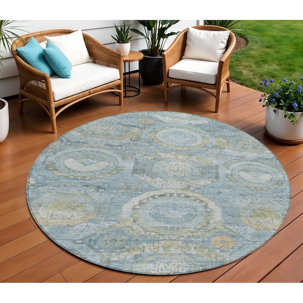 Homeroots 8' Blue And Gold Round Medallion Washable Indoor Outdoor Area Rug 616564 - main