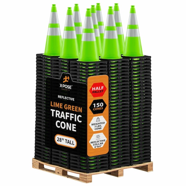 Xpose Safety Traffic Safety Cone, 28 in, PVC, Dual 6 in & 4 in Reflective Collar, Lime Green, Half Pallet, PK150 LTC28-64-HP150-X - main