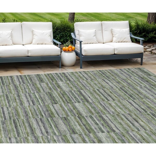 Homeroots 8' X 10' Olive Green And Gray Striped Washable Indoor Outdoor Area Rug 587917 - main