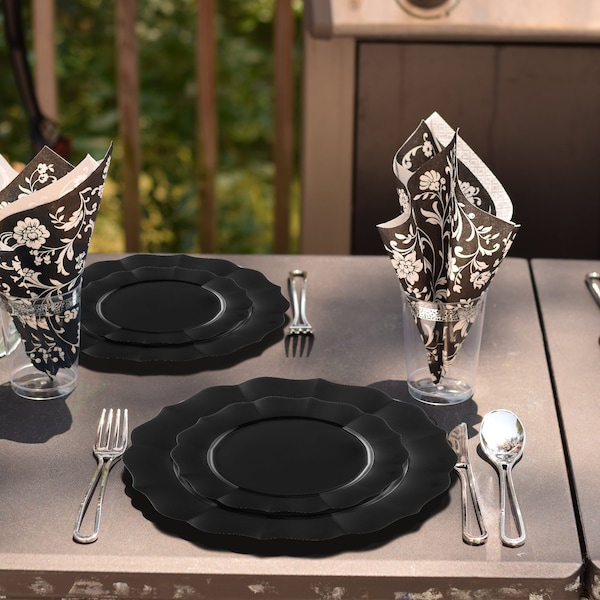 Smarty Had A Party 10.25" Black Round Lotus Plastic Dinner Plates, 120PK 8850-BK-CASE - main