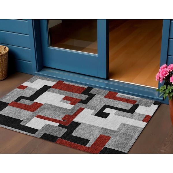 Homeroots 3' X 5' Gray Ivory And Red Geometric Washable Indoor Outdoor Area Rug 613211 - main