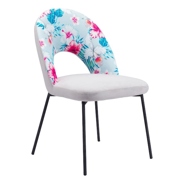 Homeroots Set of Two Gray and Black Velvet And Steel Velvet And Steel Tropical Floral Dining Side Chairs, 2PK 555801 - main