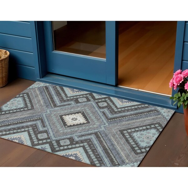 Homeroots 3' X 5' Pewter Charcoal And Sky Blue Tribal Washable Indoor Outdoor Area Rug 598148 - main