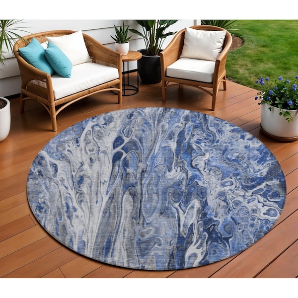 Homeroots 8' Denim Blue And Navy Blue Round Abstract Washable Indoor Outdoor Area Rug 577928 - main