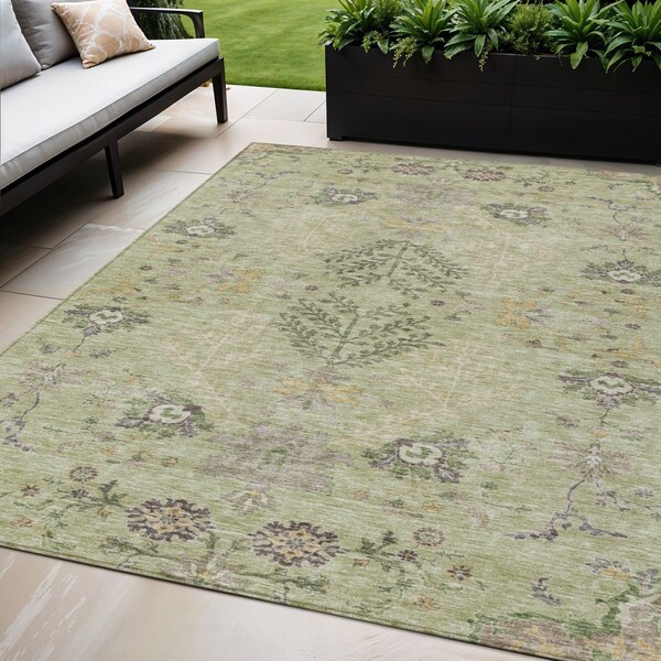 Homeroots 5' X 8' Artichoke Green Brown And Beige Floral Washable Indoor Outdoor Area Rug 605444 - main