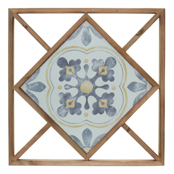 Homeroots Set of Two White Blue And Brown Floral Wood and Metal Square Framed Art, 2PK 516365 - main