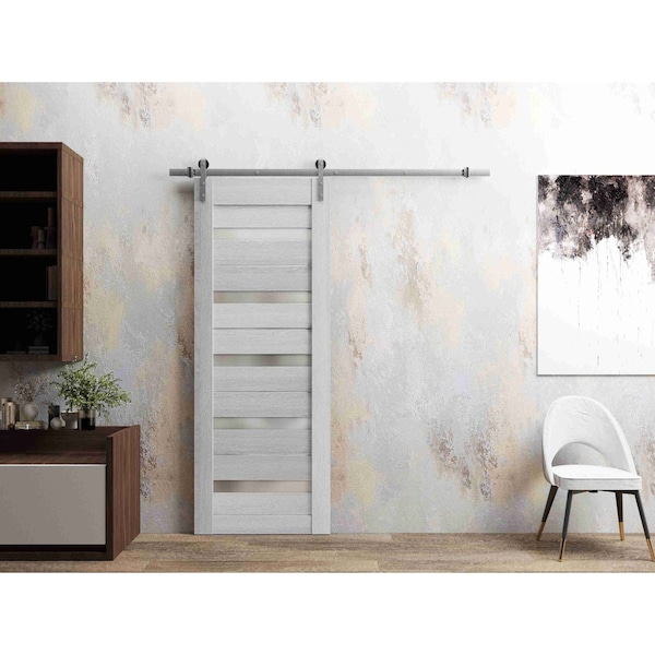 Sartodoors Sturdy Barn Door 36 x 84in, Light Grey Oak W/ Frosted Glass, SS 6.6FT Rail Hangers Heavy Set QUADRO4445BD-S-OAK-3684 - main