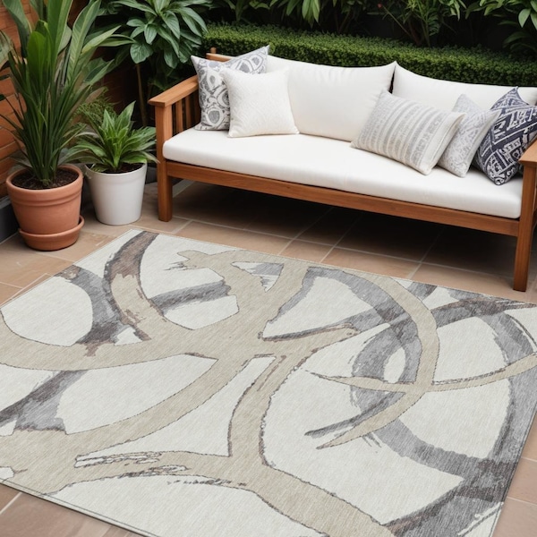 Homeroots 10' X 14' Ivory Gray And Beige Abstract Washable Indoor Outdoor Area Rug 599135 - main