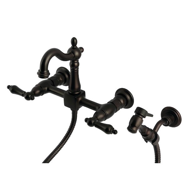 Kingston Brass Two-Handle Wall Mount Bridge Kitchen Faucet with Brass Sprayer, Oil Rubbed Bronze KS2445ALBS - main