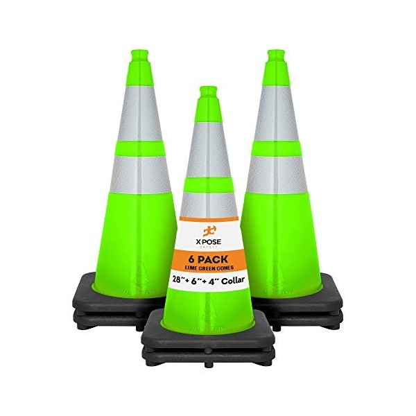 Xpose Safety Traffic Safety Cone, 28 in, Premium PVC, Dual 6 in & 4 in Reflective Collar, Lime Green, 6 pk LTC28-64-6-X - main