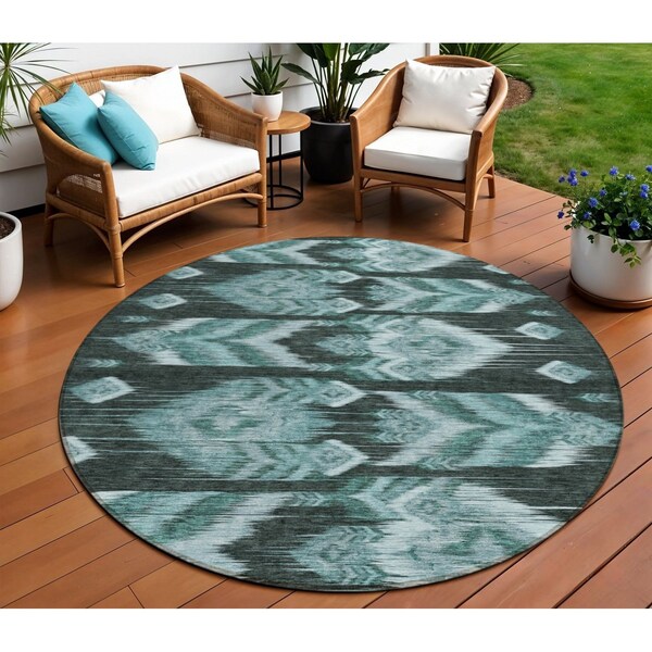 Homeroots 8' Teal Blue Aqua And Charcoal Round Southwestern Washable Indoor Outdoor Area Rug 587832 - main