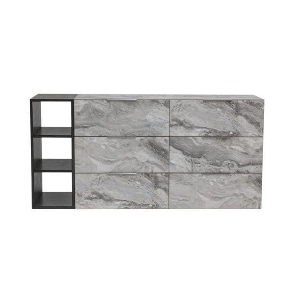 Homeroots 63" Grey Faux Marble and Black Wood Six Drawer Double Dresser 473112 - main