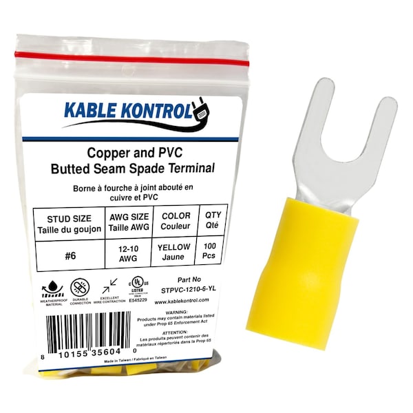 Kable Kontrol Copper and PVC Butted Seam Spade Terminal, 12-10 AWG, Stud Size # 6, Yellow, 100 Pcs, 100PK STPVC-1210-6-YL - main