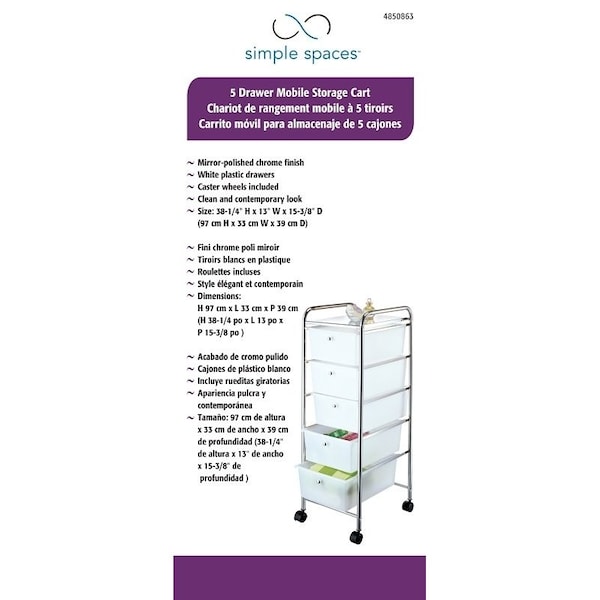 Simple Spaces Storage Cart, 13 in OAW, 38-1/4 in OAH, 15-3/8 in OAL, 5-Shelf, White Shelf G005-CH - main
