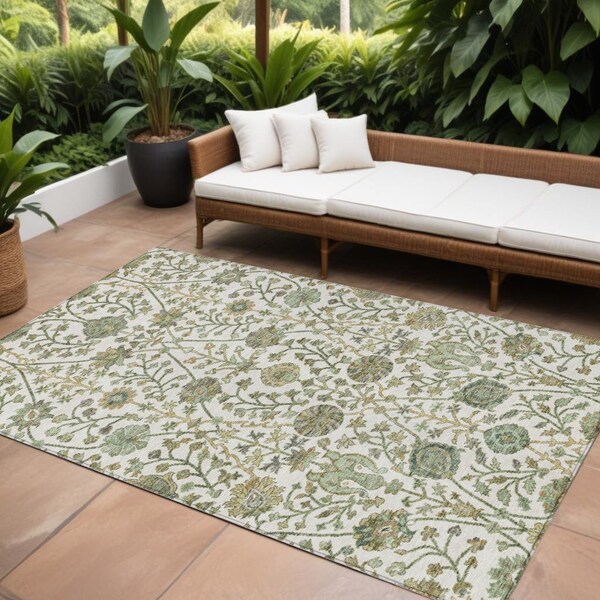 Homeroots 9' X 12' Ivory Green And Brown Floral Washable Indoor Outdoor Area Rug 603471 - main