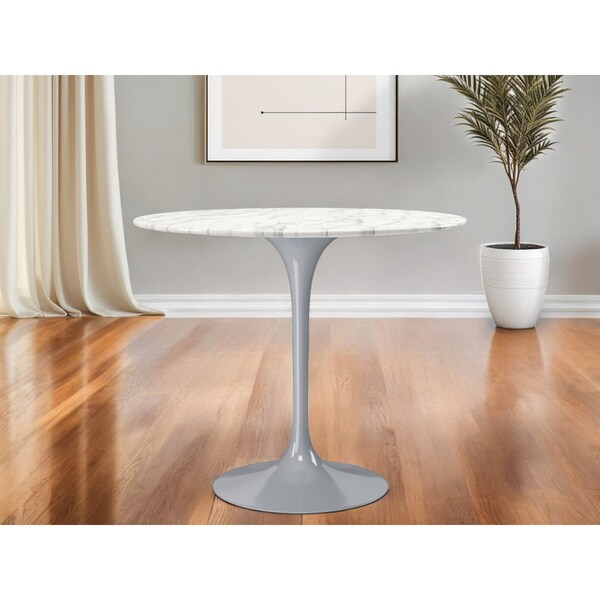 Homeroots 40" White And Gray Rounded Marble And Metal Pedestal Base Dining Table 520846 - main