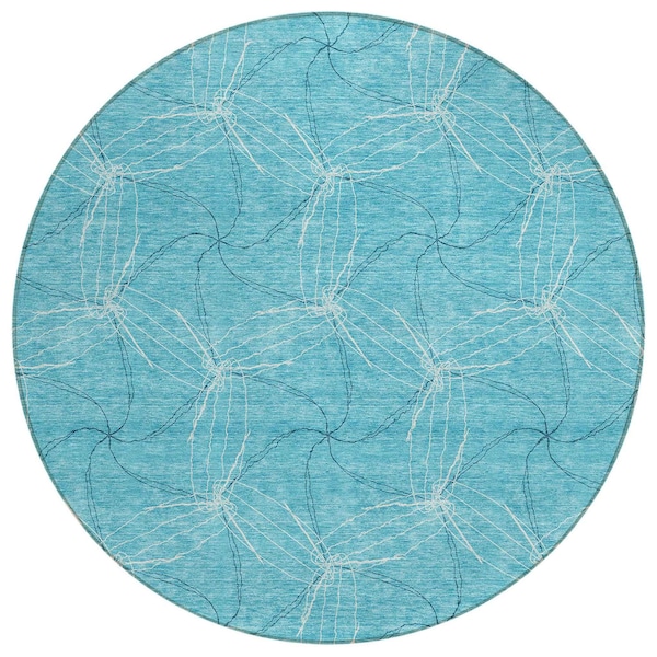Homeroots 8' Aqua And Ivory Round Geometric Washable Indoor Outdoor Area Rug 614049 - main