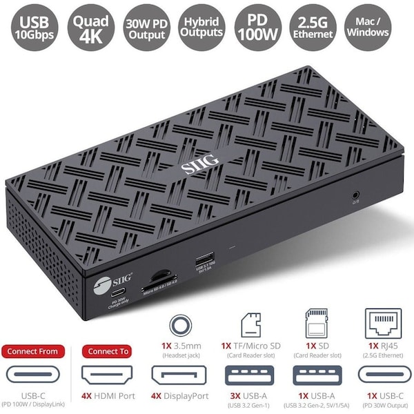 Siig AC JU-DK0Q11-S1 USB-C Quad Hybrid 4K Video Docking Station w PD Brown Box JU-DK0Q11-S1 - main