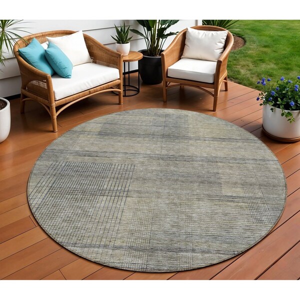 Homeroots 8' Khaki Beige And Gray Round Striped Washable Indoor Outdoor Area Rug 588090 - main