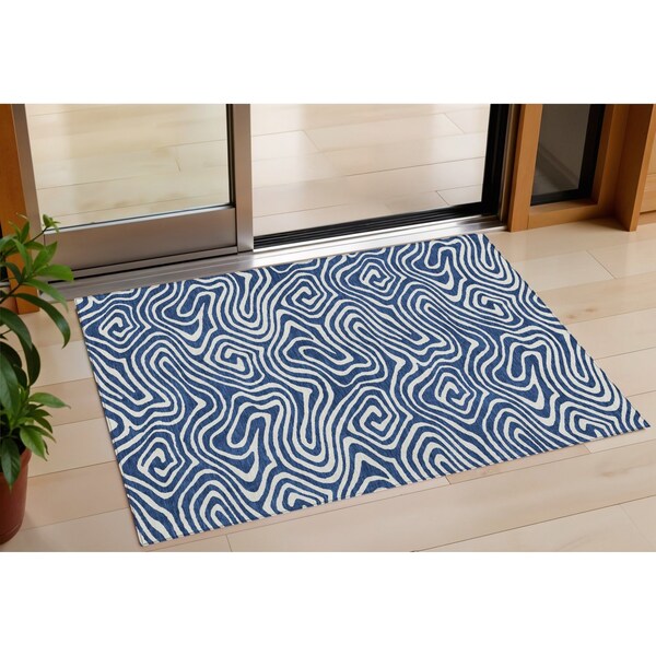 Homeroots 3' X 5' Navy Blue And Ivory Abstract Washable Indoor Outdoor Area Rug 598980 - main
