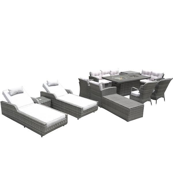 Homeroots Twelve Piece Outdoor Gray Wicker Multiple Chairs Seating Group Fire Pit Included with White Cushions 479112 - main