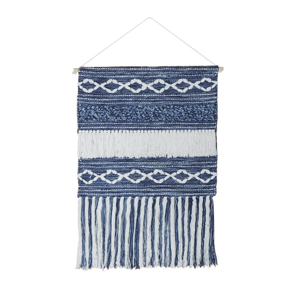 Homeroots 26" X 51" Denim Blue And White Geometric Cotton Macrame Hanging Tapestry 548330 - main