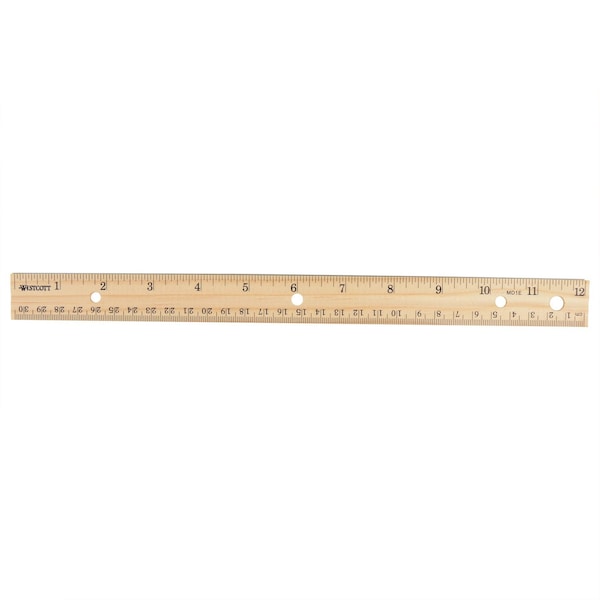 Westcott Three-Hole Punched Wood Ruler, Standard/Metric, 12 in (30 Cm) Long, Natural Wood, 36PK 17724 - main