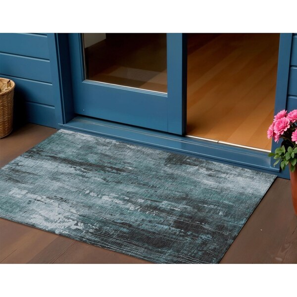 Homeroots 3' X 5' Teal Blue Gray And Ivory Abstract Washable Indoor Outdoor Area Rug 617668 - main