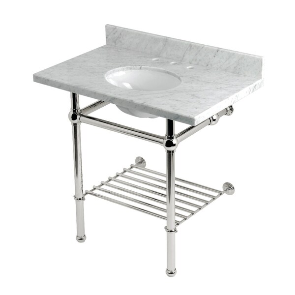 Kingston Brass 36-Inch Carrara Marble Console Sink with Brass Legs and Shelf, 8-Inch, 3-Hole KVPB36MBB6 - main