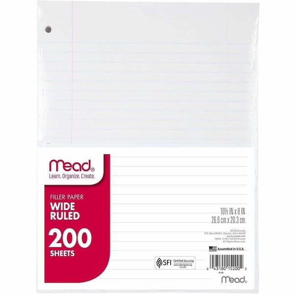 Mead Products Mead Filler Paper, 8" x 10-1/2", Wide Ruled, 3-Hole Punched, White, 200 Sheets/Pack 15200 - main