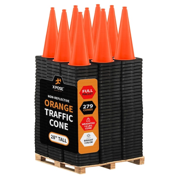 Xpose Safety Traffic Safety Cone, 28 in, PVC Plastic, 10 lb Base, Orange, DOT Approved, Full Pallet, PK297 OTC28-10L-FP297-X - main