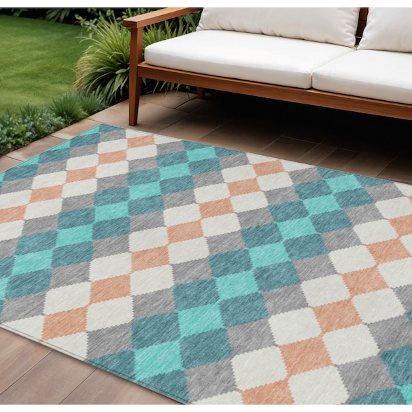 Homeroots 10' X 14' Teal Blue Gray And Copper Geometric Washable Indoor Outdoor Area Rug 597931 - main