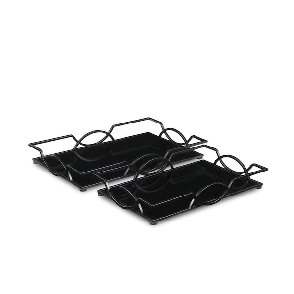 Homeroots Set Of Two 20in Black Rectangular Metal and Mirror Handmade Trays 483307 - main