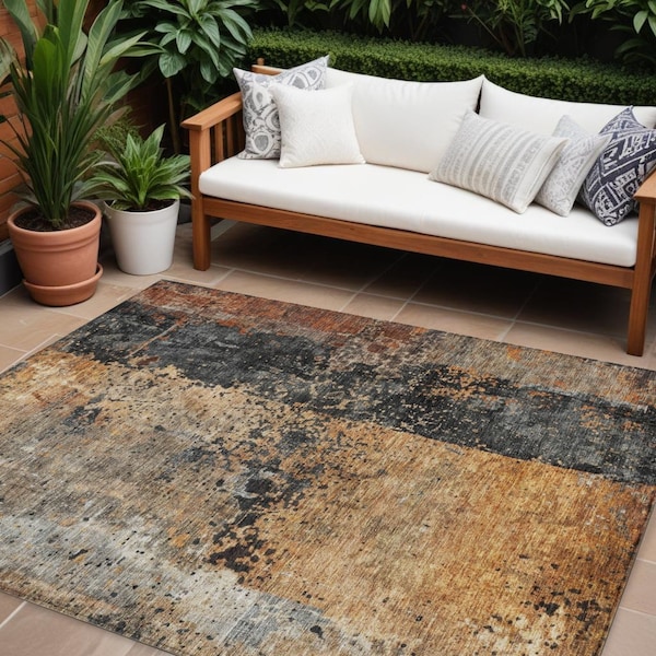Homeroots 9' X 12' Copper And Black Abstract Washable Indoor Outdoor Area Rug 606072 - main