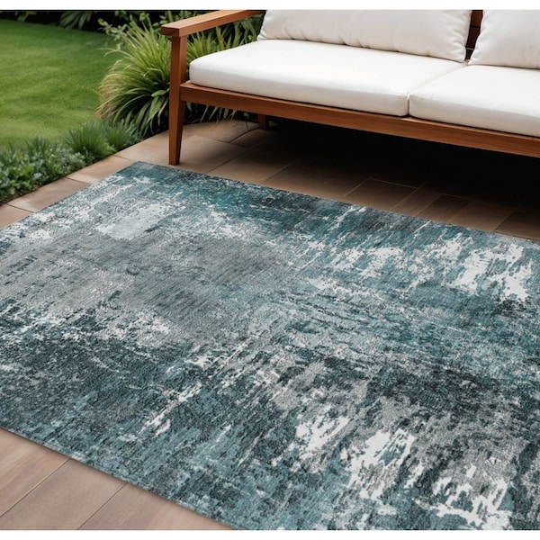 Homeroots 10' X 14' Teal Blue Gray And Charcoal Abstract Washable Indoor Outdoor Area Rug 582931 - main