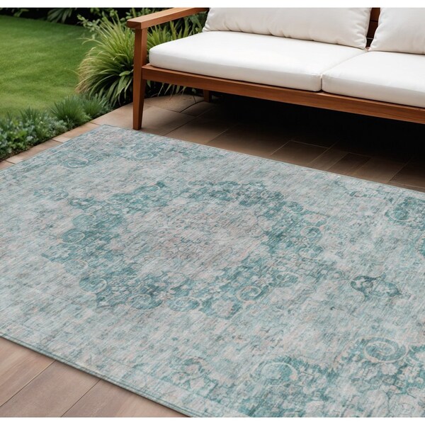 Homeroots 10' X 14' Teal Blue Floral Medallion Washable Indoor Outdoor Area Rug 607949 - main