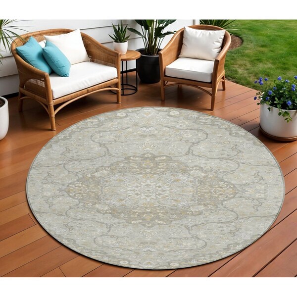 Homeroots 8' Taupe And Ivory Round Medallion Washable Indoor Outdoor Area Rug 617475 - main