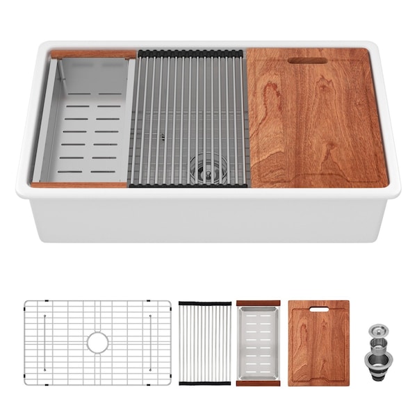Wrightmaster 33 in. Undermount Single Bowl Ceramic Workstation Kitchen Sink with Bottom Grids, Dish Drainer ZOR-AWUS331910DS - main