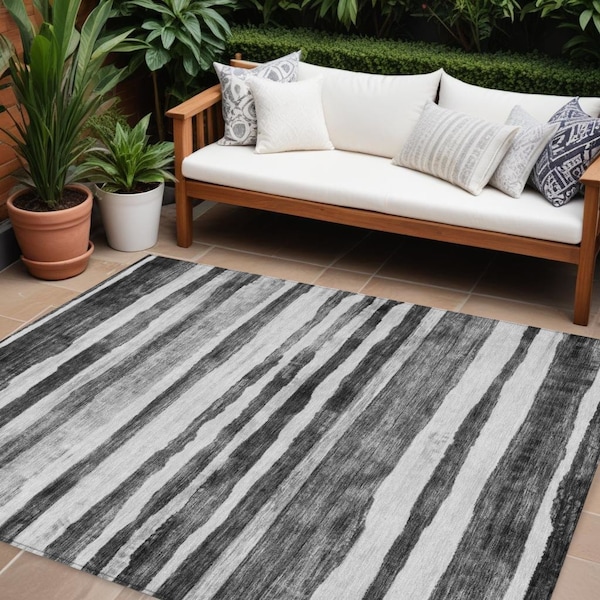Homeroots 9' X 12' Charcoal And Gray Striped Washable Indoor Outdoor Area Rug 605895 - main