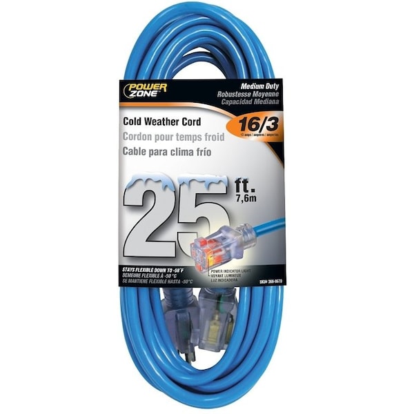 Powerzone Cold Weather Extension Cord, 16 AWG, Outdoor, 5-15R, 5-15P, 25 ft ORCW511625 - main