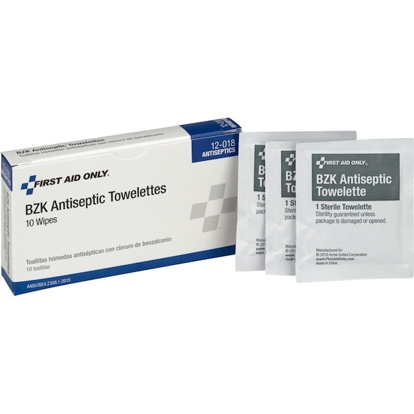 First Aid Only Wipes, Antiseptic, Bzk, 10/Bx 10PK FAO12018 - main